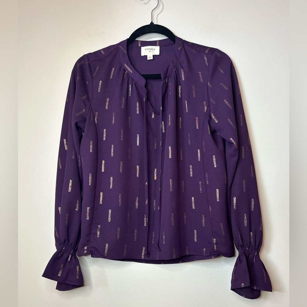 EVERLY Plum and Gold Abstract Long Sleeve Blouse Size S - Picture 7 of 9